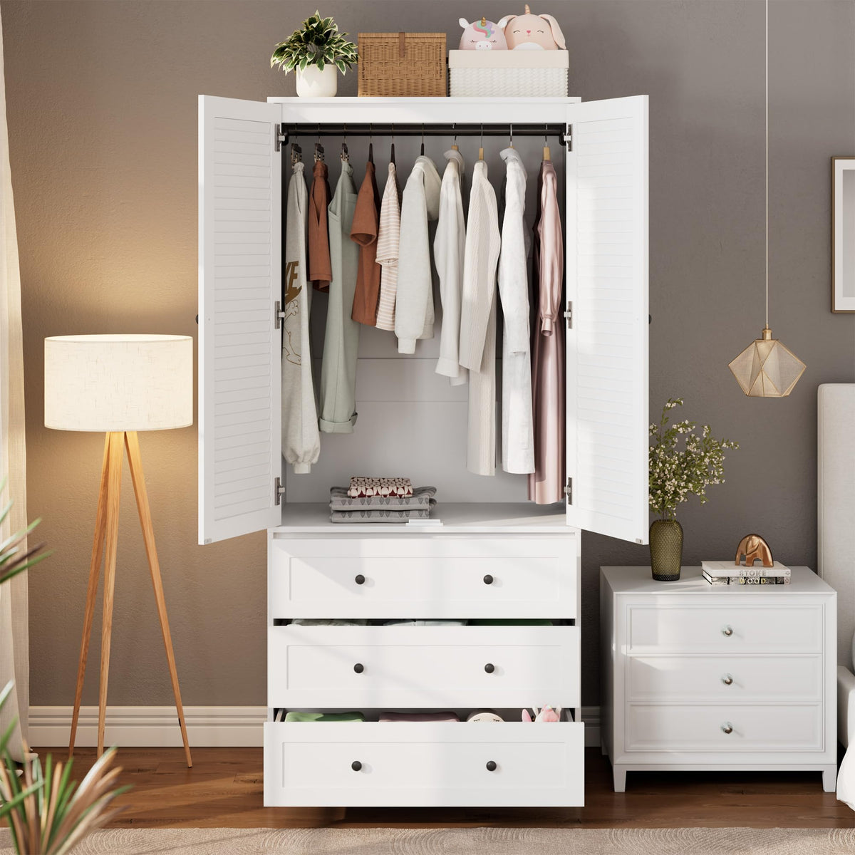 Armario ropero de madera blanco Garvee de 178 cm de altura